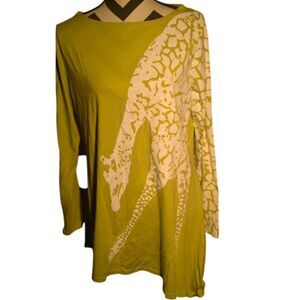Diane Gilman Olive Green Long Sleeve Top - Giraffe Print - Size XL
